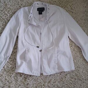 LIV2 by Isaac Mizrahi White Cotton Jacket Petite Medium Clasp Front Drawstring